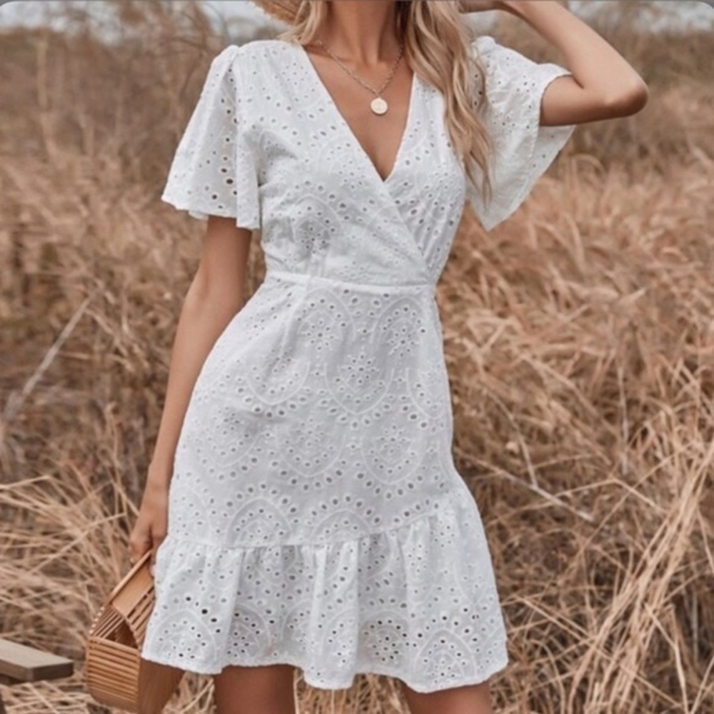 White eyelet lace wrap dress